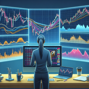 An introductory learning scene for understanding stock market indicators such as RSI (Relative Strength Index), MACD (Moving Average Convergence Divergence) and others. A Caucasian female financial analyst is studying a dual screen setup showcasing multiple charts displaying these trading indicators in bright colors. On one screen, there's a stock trend line with moving averages intertwining with an RSI indicator. The other shows a stock chart with MACD lines and histogram underneath. An open trading platform is visible on the table with fluctuating market numbers, a cup of coffee and a notepad for insights.