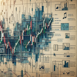 A detailed visual representation of a Japanese candlestick chart. This image should show a graph with various candlesticks, each consisting of a rectangular 'body' which depicts the opening and closing price range and a 'wick' showing the highest and lowest price during the given time frame. Overlaying the chart, visualize small callouts or annotations explaining the patterns of different individual candlesticks and how traders read them to predict future price movements. Ensure to incorporate elements like the stock exchange market or commodities market in the background to contextualize the candlestick chart.