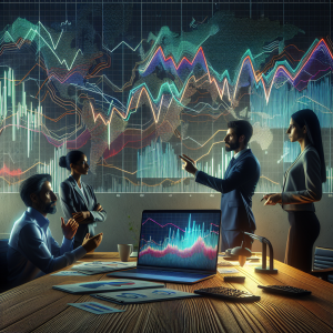 A conceptual image symbolizing the principles of trading with Simple Moving Average (SMA) and Exponential Moving Average (EMA). In the foreground, a desk with a laptop displaying a line graph with SMA and EMA curves in vibrant colors. Behind the laptop, a diverse group of traders, a Middle-Eastern woman and a Caucasian man, involved in deep analysis. They are pointing at key points on the graph, discussing their strategy. Wall of their office is filled with more trading charts, shapes and trend lines. The lighting is subdued, focus is on the graphic display and the traders' intense discussion.