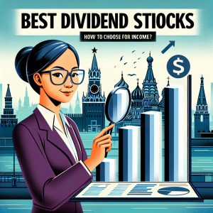 Visualize an article cover depicting the concept of the best dividend stocks in Russia. Include a background of the Moscow cityscape with prominent landmarks such as the Kremlin and Saint Basil's Cathedral. On the foreground, show a confident, middle-aged Asian female investor studying a bar graph depicting rising statistics, suggesting high dividends. The investor is holding a magnifying glass, scrutinizing the details of the graph carefully. The bar graph has symbols of Russian Ruble. Above, the title of the article in stylized, bold text reads: 'Best Dividend Stocks in Russia: How to choose for income?'
