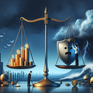 A conceptual image depicting risk management in investing. The scene includes a balance scale, with one side holding a stack of gold coins (representing 'capital'), and the other side holding a shield (symbolizing 'protection'). In the background, there's a stormy sea to represent 'risks'. Additionally, an anonymous investor of Asian descent and unspecific gender is carefully adjusting the weights, analyzing the scale to protect their investment.