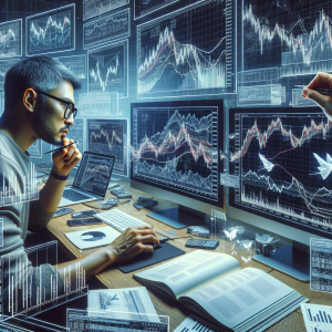 A complex web of graphs, charts, and statistics on computer screens, denoting the rigorous and detailed process of scalping in trading. The image can also include several books and guides about efficient strategies and indicators. To give a human touch, let's feature an intense South Asian man with glasses engrossed in evaluating the data on his screens, along with a focused Hispanic woman with a notepad, jotting down observations. The overall setting should radiate an ambience of deep focus and intensity, reflecting the seriousness and mindset required in effective scalping.