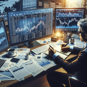 A scene at a trading desk where an individual is studying an economic calendar displayed on their computer screen. There are various economic indicators marked on the calendar and the trader is making notes in a notebook. On the desk are a cup of coffee, numerous financial documents and reports. There are stock market charts displayed on other monitors on the desk. The trader is a middle-aged, South Asian male wearing a pair of glasses and a formal shirt.