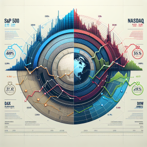 Visualise a sophisticated infographic that depicts four global financial market indices: the S&P 500, the NASDAQ, the DAX, and the Dow Jones. Each index should be represented by a dynamic line graph pointing upwards and has a distinctive color: blue for S&P 500, red for NASDAQ, green for DAX, and purple for Dow Jones. Also include brief descriptions beneath each graph to provide contextual information about the respective indices. The overall design should be sleek and professional, with a light background to enhance visibility and clarity.