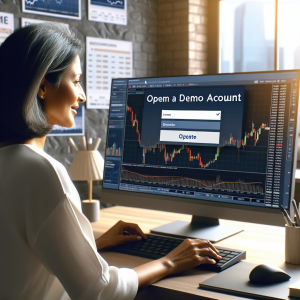 An image showcasing a person opening a trading demo account on their computer. The individual, a middle-aged South Asian woman, is sitting at a desk in a well-lit room, brimming with confidence. The computer screen displays a user-friendly, secure trading platform interface, with the button signifying the opening of a demo account prominently displayed. In the background, a wall full of financial charts and news updates can be seen, signifying the individual's dedication to savvy trading practices.