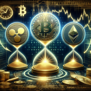 An image visualizing a short-term forecast on Bitcoin, Ripple, and Ethereum. In center of the image, place large, shiny gold coin symbols for BTC, XRP, and ETH against a dark, futuristic digital background with binary code. Subtly integrate into the backdrop upward and downward arrows hinting at market movements. The symbols should cast bright holographic projections, displaying miniature line graphs representing their prospective price changes. Also incorporate an abstract element of time passing, such as a digital sand timer or a stylized clock in the corner, to emphasize the 'short-term' aspect of the forecast.