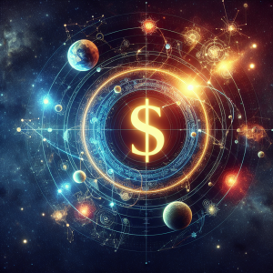 An image showing a symbolic representation of the dollar's influence on global star markets. The visual should include a large, glowing dollar symbol in the center, surrounded by various celestial bodies representing different global markets. These celestial bodies can include stars, planetary bodies, and constellations. The celestial bodies should be moving in orbits around the dollar symbol, conveying the idea of economic influence and interaction. Add a space background to emphasize the 'star markets' concept.
