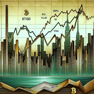 A detailed digital illustration of three separate price chart lines that show the short-term forecast for the BTCUSD, XRPUSD, and ETHUSD markets respectively. Each graph is distinguished by a different color: the BTCUSD line is gold, the XRPUSD line is silver, and the ETHUSD line is emerald green. The lines show a mix of peaks and valleys, suggesting volatility. Additionally, a generic city skyline silhouette lurks in the background, symbolizing the world of finance and trading.