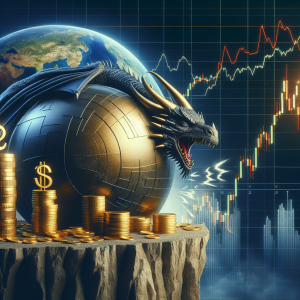 A conceptual image illustrating the impact of a sleeping currency risk, depicted as a giant dragon named 'Frank', on the sphere of investments. The sphere, made of gold and silver coins, is placed precariously on a cliff edge, with the dragon partially visible behind it. The dragon, though appearing asleep, radiates an air of menace, suggesting underlying potential threat. Include elements like shockwaves from the dragon's breath hinting at the unpredictable nature of currency risk. Background is mammoth sized stock market charts, symbolizing the investment universe.