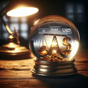 A crystal ball on an old wooden table, under the soft glow of a desk lamp. The crystal ball has three distinct visions inside it representing the short-term forecast for oil, gold and EUR/USD. The first vision shows an oil derrick in front of a rising sun, the second one, a pile of shining gold ingots, and the third one, a pair of balance scales where one side has a gold coin marked € and the other has a silver coin marked $.