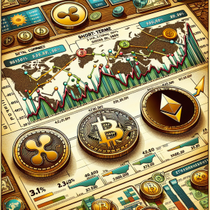 A large, detailed financial chart for the digital currencies Bitcoin, Ripple, and Ethereum. It presents short-term predictions for the future value of these three cryptocurrencies, indicating potential trends and volatility. The chart includes date markers, percentage increases or decreases, illustrations of coins with their respective logos: Bitcoin with its distinctive 'B', Ripple with its stylized ripple design, and Ethereum with its signature diamond shape. Surrounding the chart are various financial symbols and infographic elements in a multitude of colors.