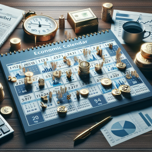Create a detailed image that illustrates an economic calendar. Show a large calendar on a wooden table. Have the calendar filled with various financial symbols, such as currencies, percentages, pie charts, and bars of gold. Beside the calendar, please incorporate a clock showing the time of the week's key event. A business newspaper and a cup of coffee could also be on the table for added realism. The ambiance should be serene and professional, suggesting the organization and preparedness of someone involved in economic and financial analysis.