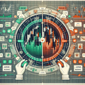 A detailed overview of Bullish and Bearish Candlestick Patterns, a critical element of technical analysis in stock trading. The image should feature diverse visuals illustrating both patterns. On one side should be the Bullish pattern, represented by green candles indicating price increases; on the other is the Bearish pattern with red candles denoting price drops. The image should ideally have markings to clearly indicate the opening and closing prices, as well as the high and low prices of the trading day. The concepts of support and resistance levels should also be visually represented.