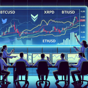 Illustrate a scene of an office environment with a diverse group of individuals analyzing financial data on an electronic board. Above their head, have a large digital monitor showing line graphs representing the short-term predictions for BTCUSD, XRPUSD, ETHUSD for the following week. This should capture the intangible world of cryptocurrency trading in a traditional stock-market–like setting.
