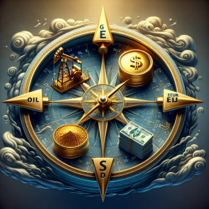 Create a detailed visualization symbolizing the short-term forecast of three key assets - oil, gold, and EURUSD. Depict an ornate compass with the needle wavering, representing the fluctuating rates. Along the circumference, create separate sections for oil, gold, and euro dollar exchange rate, arranged clockwise. Oil should be represented by an oil pump at dusk, gold by a gold nugget gleaming under light, and EURUSD by stacks of Euro and Dollar bills. To signify the uncertainty, include elements like passing dark clouds and gusts of wind. The style should be realistic yet stylized.