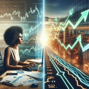 A cautionary tale image for an article on 'Best Energy Stocks 2023: Invest Wisely'. Picture a composite image where on the left half is a Black female investor looking at a computer screen showing rising stocks signified by green arrows. She's seated at her desk, surrounded by research papers and financial charts. The right half of the image shows a city with wind turbines and solar panels, reflecting the energy sector, with digital numbers converging, symbolizing stock prices. The transition between the two halves should be seamless with elements overlapping subtly.