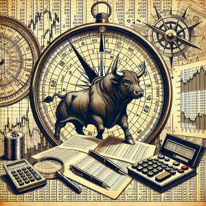 A detailed image illustrating the theory of Dow in trading. It can feature a bull to symbolize the bullish market, and a bear to signify a bearish market. Include elements such as rising and falling price charts, candlestick patterns, and trading tools like calculators and computers. Please add an antique-style compass pointing to the bull, suggesting following the bullish market as per Dow Theory principles. The backdrop can be a large vintage ledger book filled with numerical entries to signify the historical data used in trading. No people are presented in this image.