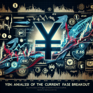 A detailed image capturing the essence of a financial article about the Japanese Yen. The image features a dynamic chart with lots of ups and downs, indicating a current false breakout. The text 'Yen: Analysis of the Current False Breakout' should be prominently displayed in an eye-catching font. Also, include common symbols associated with the Japanese economy such as a silhouette of the Tokyo skyline and the Yen currency symbol.