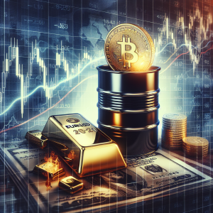 A detailed image representing the concept of a short-term financial forecast. The main elements include a barrel of oil, a stack of gold bars, and the EURUSD currency pair. The background is a fluctuating stock market chart with rising and falling peaks. There is a calendar showing a span of one week. The visual elements like oil and gold are a metaphor for commodity prediction and the currency pair symbolizes forex exchange.